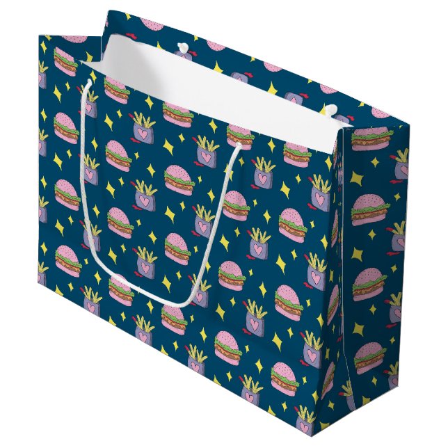 Whimsical Pink Burger and Fries Pattern Large Gift Bag (Front Angled)