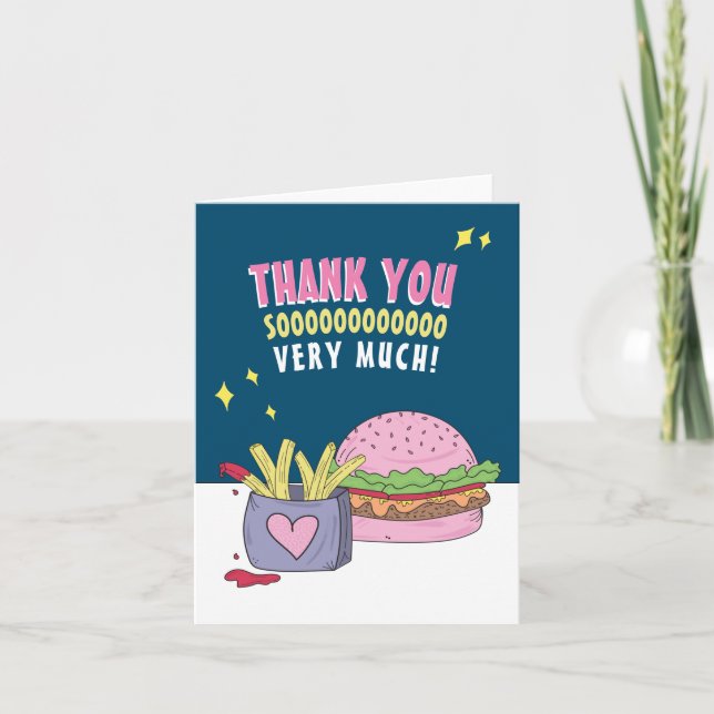 Whimsical Pink Burger and Fries Thank You Card (Front)