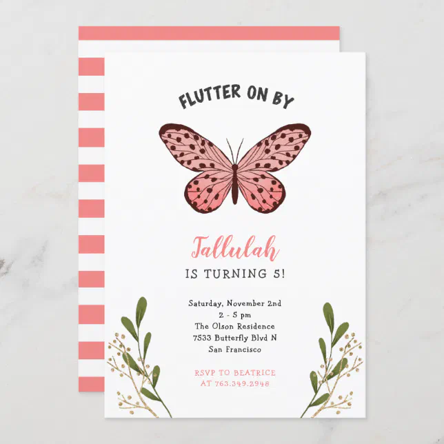Whimsical Pink Butterfly Girl Birthday Party Invitation | Zazzle