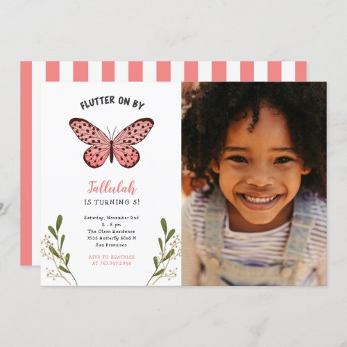 Whimsical Pink Butterfly Girl Birthday Party Photo Invitation