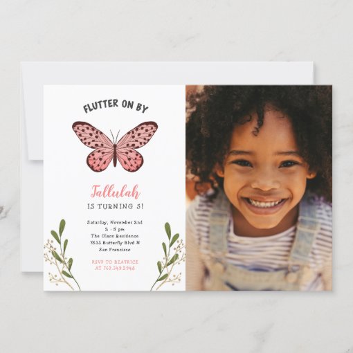 Whimsical Pink Butterfly Girl Birthday Party Photo Invitation | Zazzle