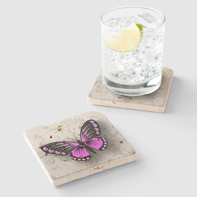 Whimsical Pink Butterfly on Gray Floral Stone Coaster (Side)