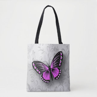 Whimsical Pink Butterfly on Gray Floral Tote Bag