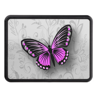 Whimsical Pink Butterfly on Gray Floral Trailer Hitch Cover