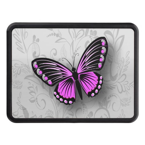 Whimsical Pink Butterfly on Gray Floral Trailer Hitch Cover