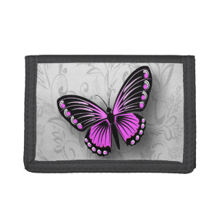 Whimsical Pink Butterfly on Gray Floral Tri-fold Wallet