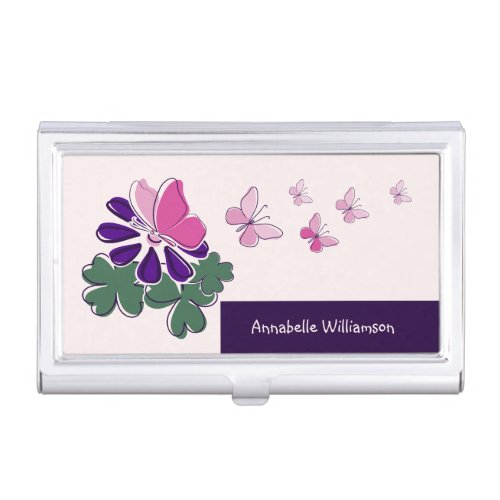 Whimsical Pink Butterfly Purple Flower Doodle Name Business Card Case