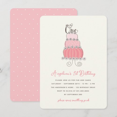 Whimsical Pink Cake Baby Girl 1st Birthday Party Personalized Announcement