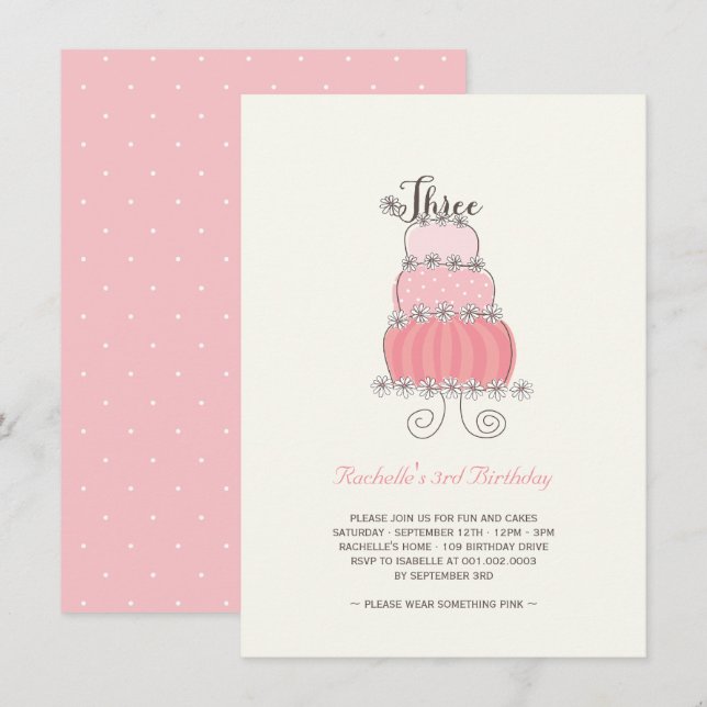 Whimsical Pink Cake Girl 3rd Birthday Party Invite (Front/Back)