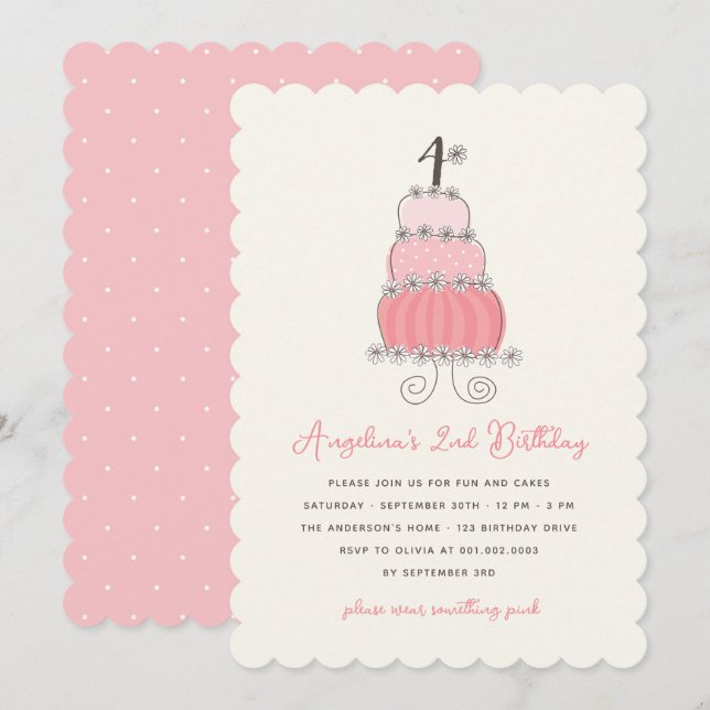 Whimsical Pink Cake Girl 4th Birthday Party Invite (Front/Back)