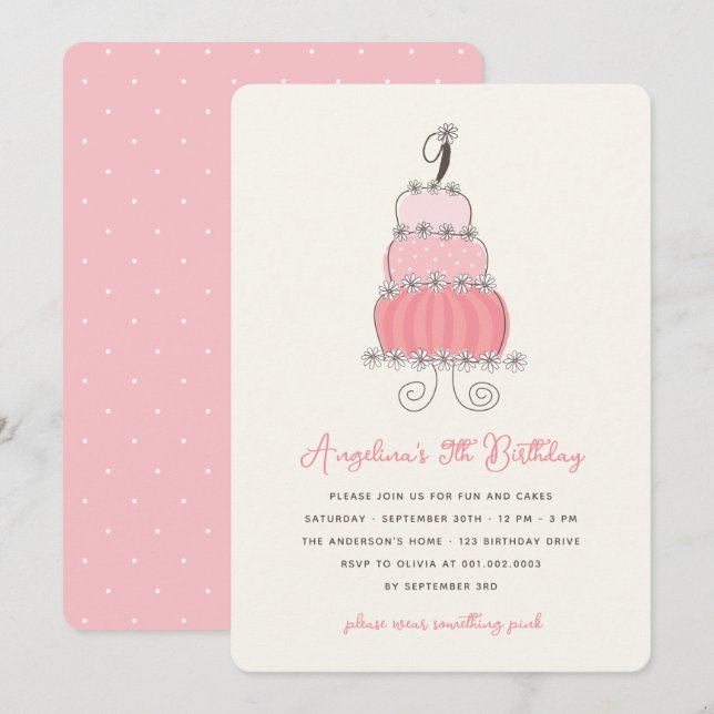 Whimsical Pink Cake Girl 9th Birthday Party Invite (Front/Back)