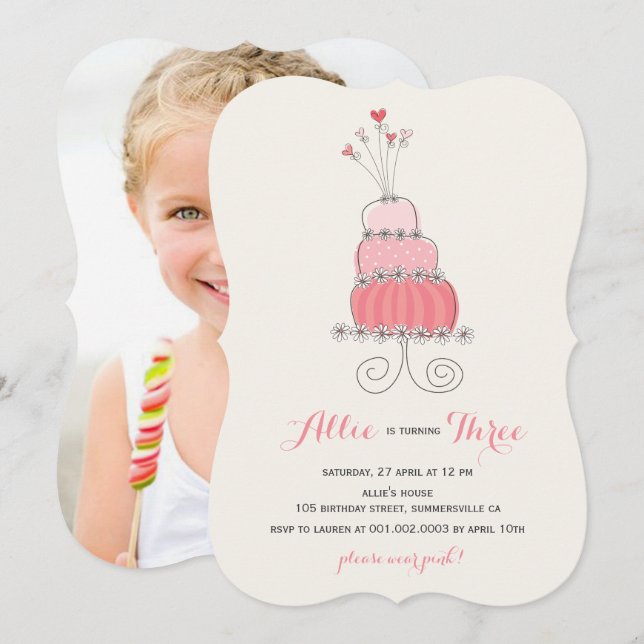 Whimsical Pink Cake Girl Birthday Party Invite (Front/Back)