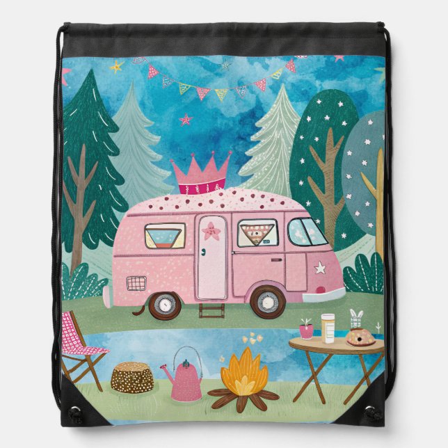 Whimsical Pink Camper Van Camping Scene Drawstring Bag (Front)