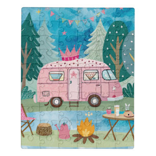 Whimsical Pink Camper Van Camping Scene Jigsaw Puzzle