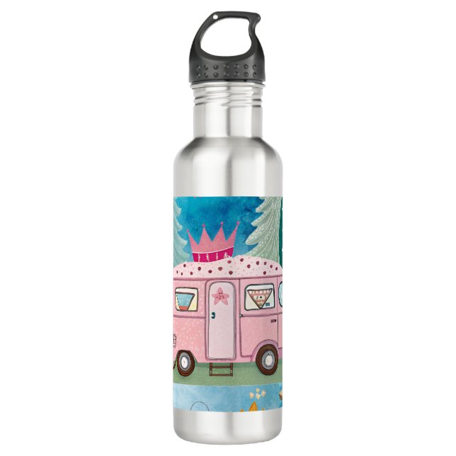 Whimsical Pink Camper Van Camping Scene Stainless Steel Water Bottle (Front)