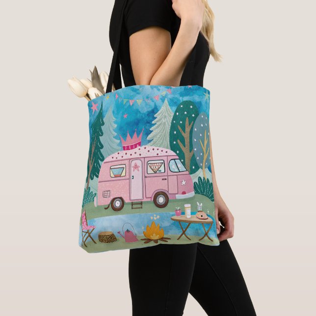 Whimsical Pink Camper Van Camping Scene Tote Bag (Close Up)