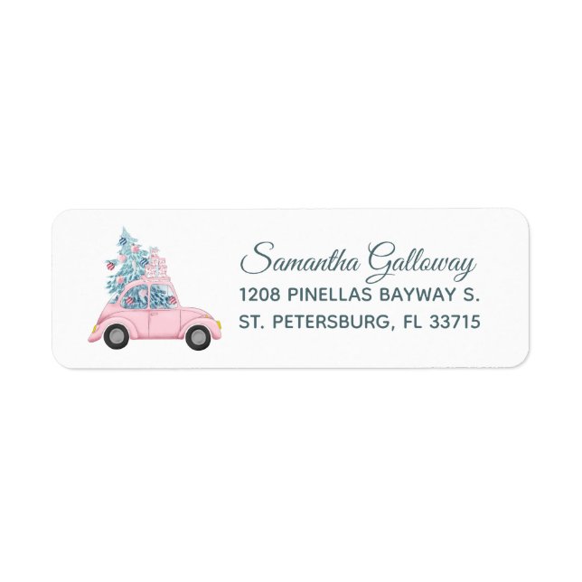 Whimsical Pink Car with Christmas Tree and Gifts Label (Front)