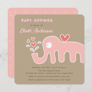 Whimsical Pink Cartoon Elephant Girl Baby Shower Invitation
