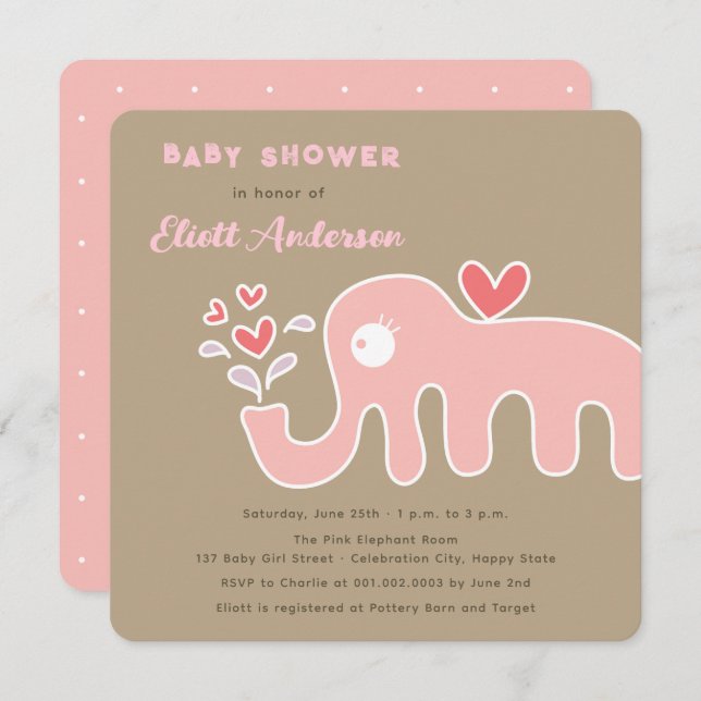 Whimsical Pink Cartoon Elephant Girl Baby Shower Invitation (Front/Back)