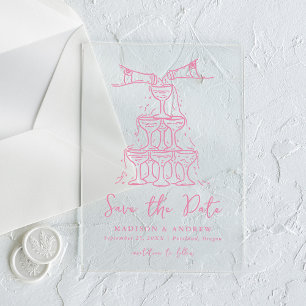 Whimsical Pink Champagne Tower Save the Date Acrylic Invitations