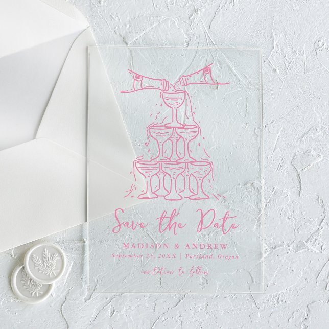 Whimsical Pink Champagne Tower Save the Date Acrylic Invitations (Creator Uploaded)