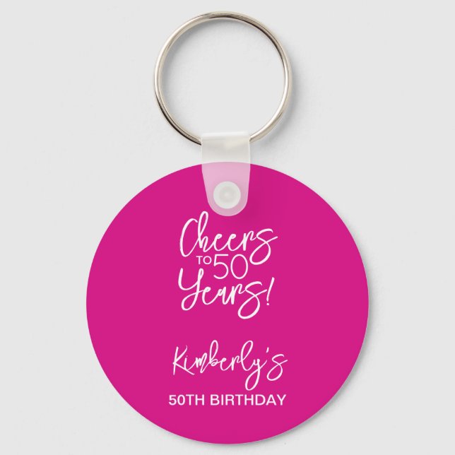 Whimsical Pink Cheers to 50 Years Birthday Keychain (Front)