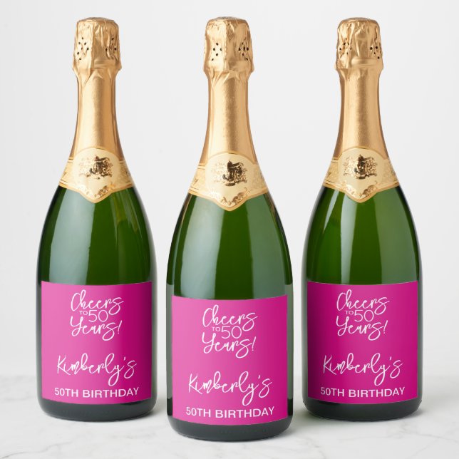 Whimsical Pink Cheers to 50 Years Birthday Sparkling Wine Label (Bottles)