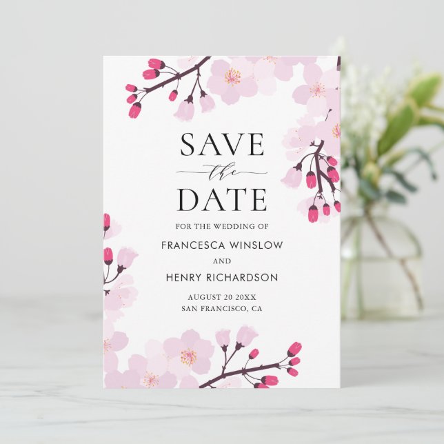 Whimsical Pink Cherry Blossoms Botanical Save The Date (Standing Front)