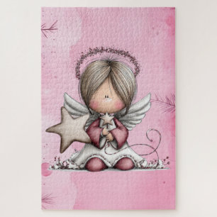 Whimsical Pink Christmas Angel Jigsaw Puzzle