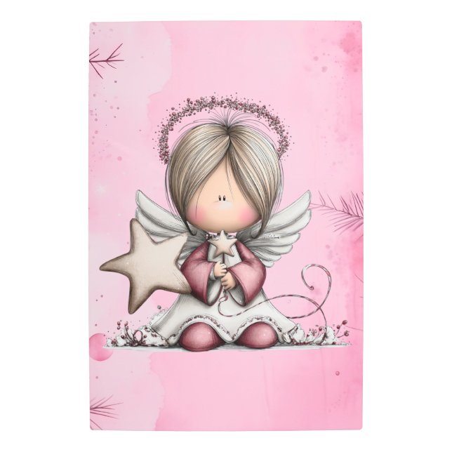 Whimsical Pink Christmas Angel Metal Print (Front)