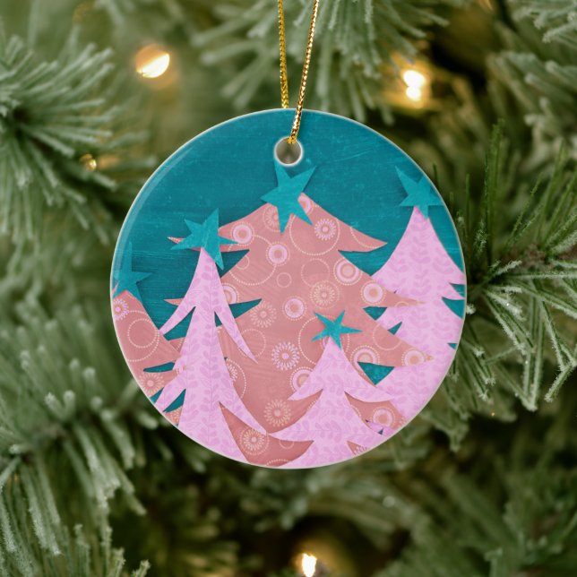 Whimsical Pink Christmas Tree Ceramic Ornament (Tree)