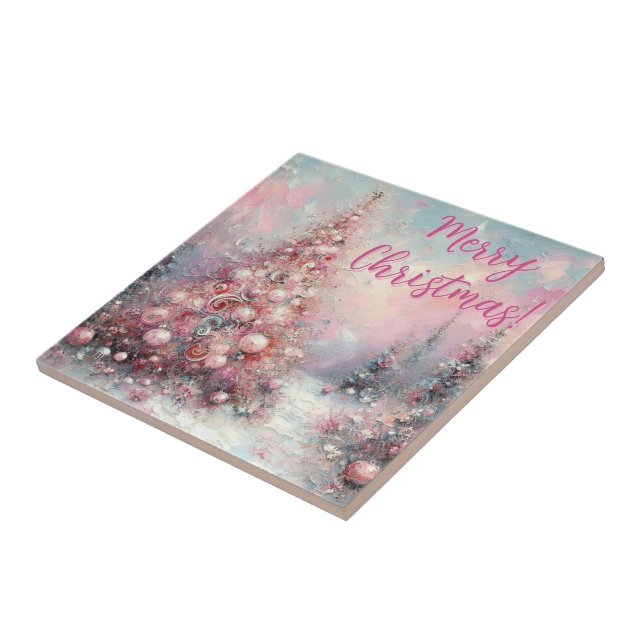 Whimsical Pink Christmas Tree Personalized Ceramic Tile (Side)