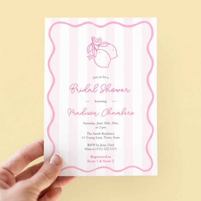 Whimsical Pink Citrus Bridal Shower Invitation (Pretty pink and white doodles citrus lemon bridal shower invitation with modern wavy border)