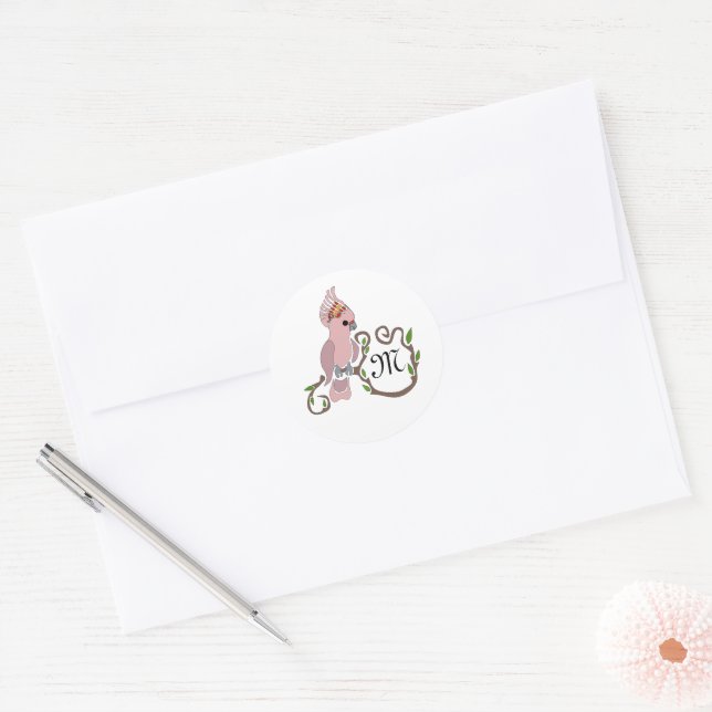 Whimsical Pink Cockatoo Monogram Classic Round Sticker (Envelope)