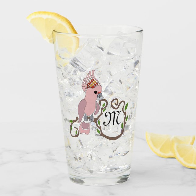 Whimsical Pink Cockatoo Monogram Glass (Front Ice)