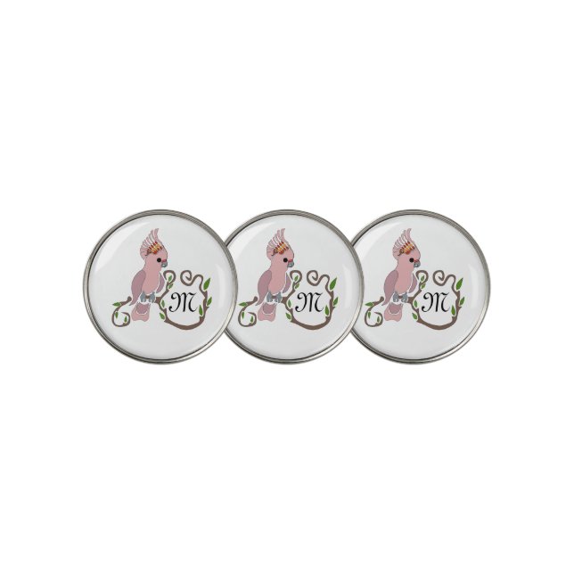 Whimsical Pink Cockatoo Monogram Golf Ball Marker (3 Up)