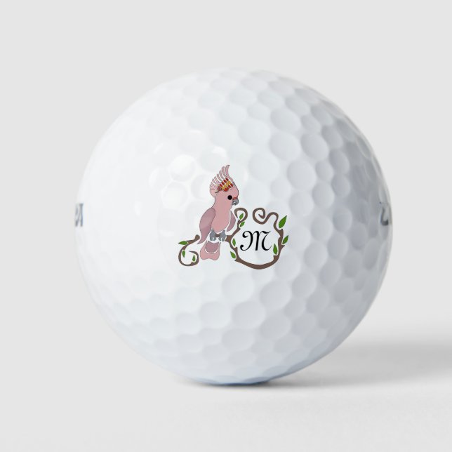 Whimsical Pink Cockatoo Monogram Golf Balls (Front)