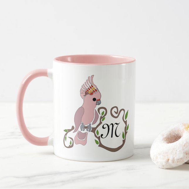 Whimsical Pink Cockatoo Monogram Mug (With Donut)