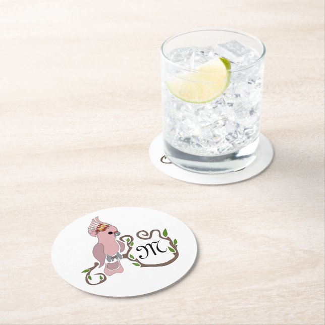 Whimsical Pink Cockatoo Monogram Round Paper Coaster (Insitu)