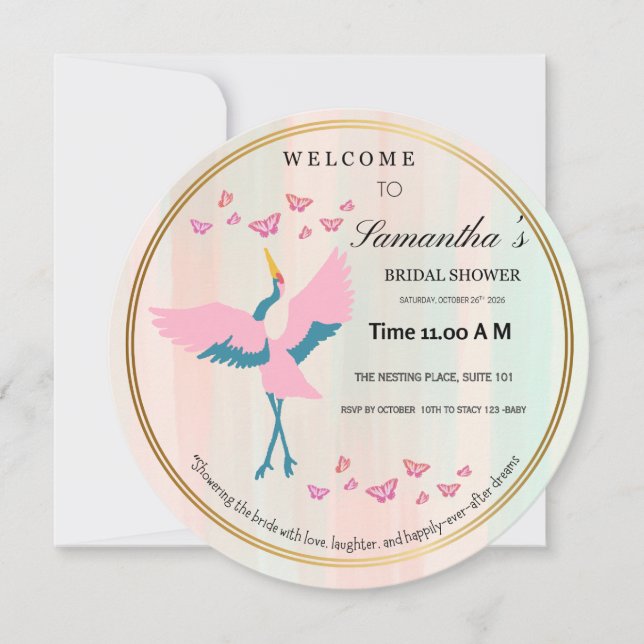 Whimsical Pink Crane Bridal Shower Invitation | Co (Front)