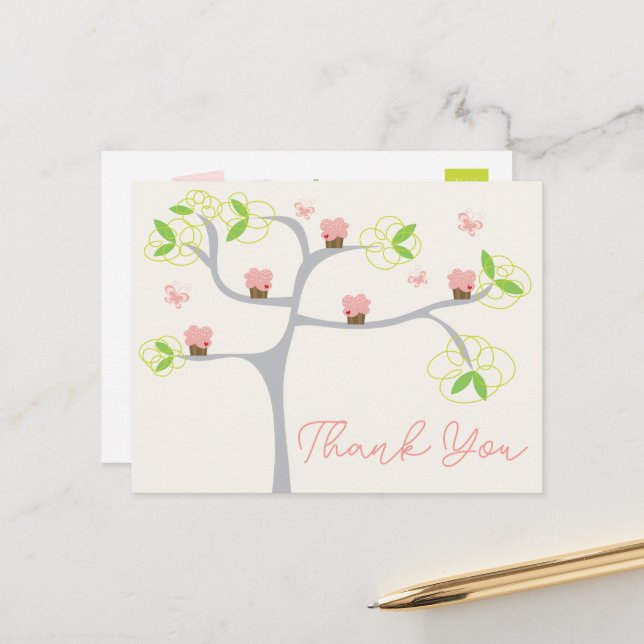 Whimsical Pink Cupcakes Tree Birthday Thank You Postcard (Front/Back In Situ)