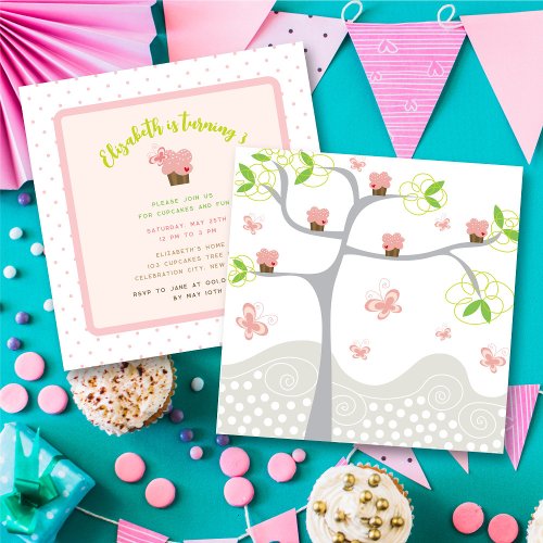 Whimsical Cupcakes Tree Butterflies Sweet Birthday Invite