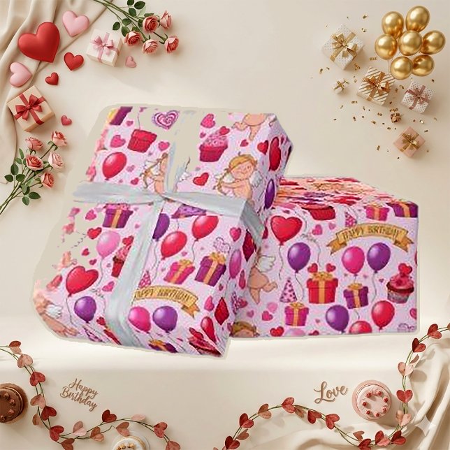 Whimsical Pink Cupid Birthday Balloon Pattern Wrapping Paper (Creator Uploaded)