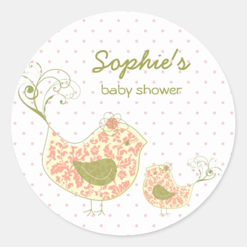 Whimsical Pink Damask Mommy Bird Girl Baby Shower Classic Round Sticker