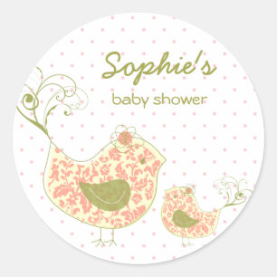 Whimsical Pink Damask Mommy Bird Girl Baby Shower Classic Round Sticker