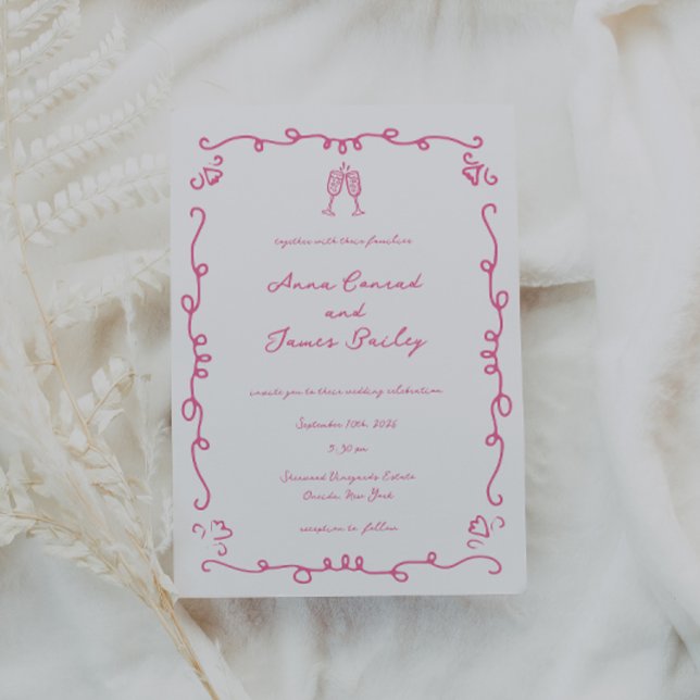 Whimsical Pink Doodle Frame Wedding Invitation (Creator Uploaded)
