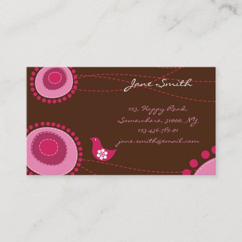 Whimsical Pink Dots Flowers Birds Chic Trendy Cute Business Card Template