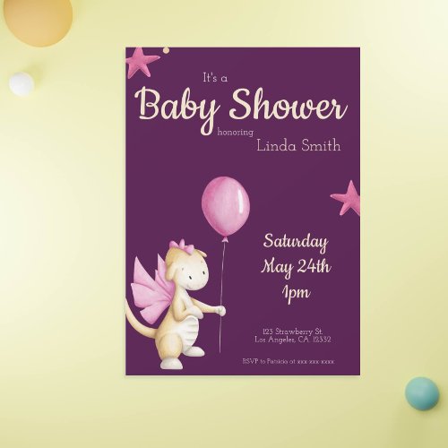 Whimsical Pink Dragon  Balloon Girl Baby Shower  Invitation