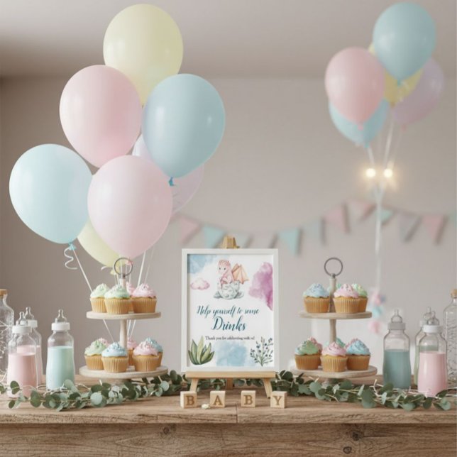 Whimsical Pink Dragon Drinks Watercolor Party Sign (Perfect for baby showers, this sweet pink dragon sign adds a magical touch to your drinks table.)