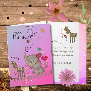 Whimsical Pink Elephant & Deer Girl Birthday Card